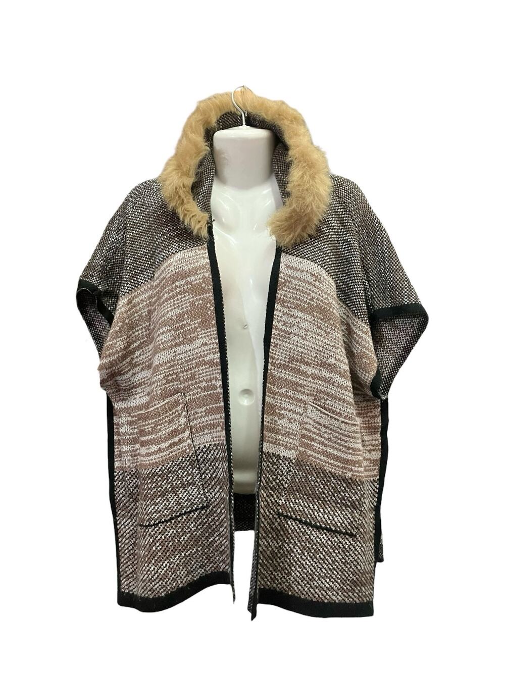 Janice Women's Tan/Black Open Front Faux Fur Collar Poncho Sweater | One Size